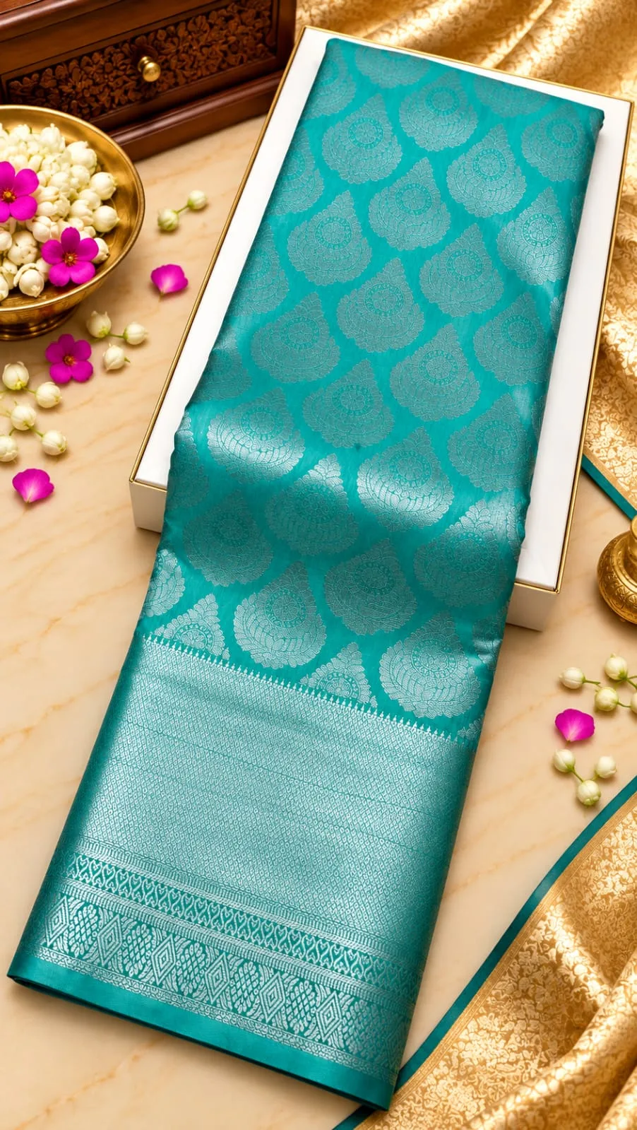 Silver Zari Mango Buttas Semi Kanchipuram Silk Saree
